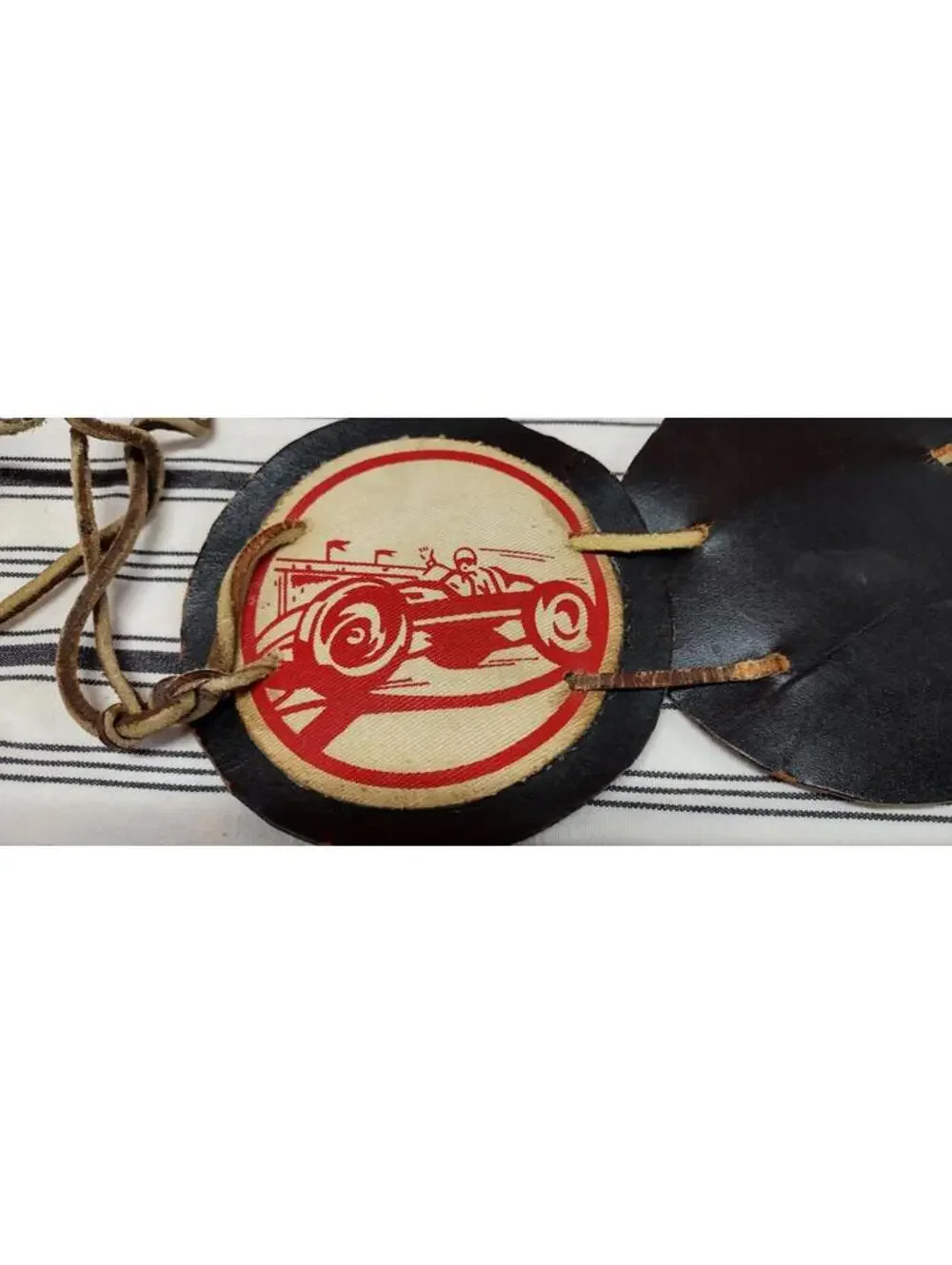 Belt Antique Circle Leather XS Belt 1900s Pre-War Race Car Roadster Black Deco